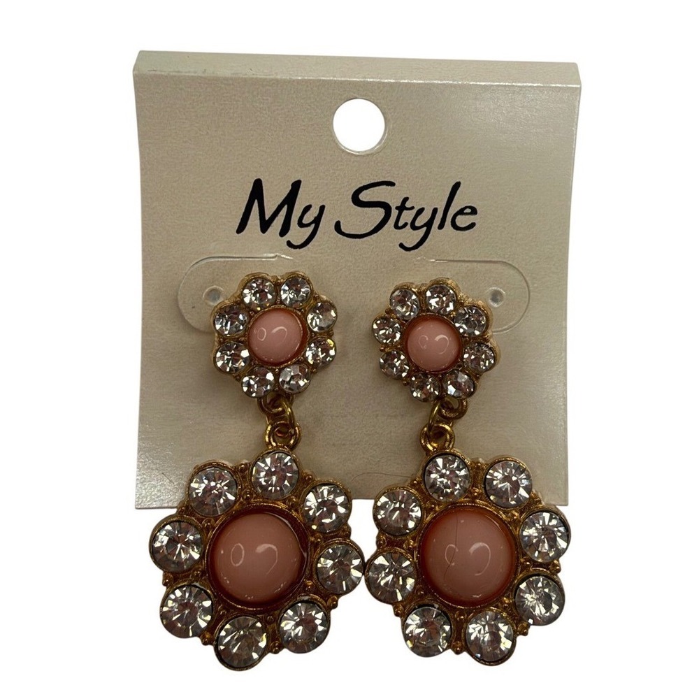 My Style Pink Floral Rhinestone Gold Tone Double Drop Earrings Statement Jewelry